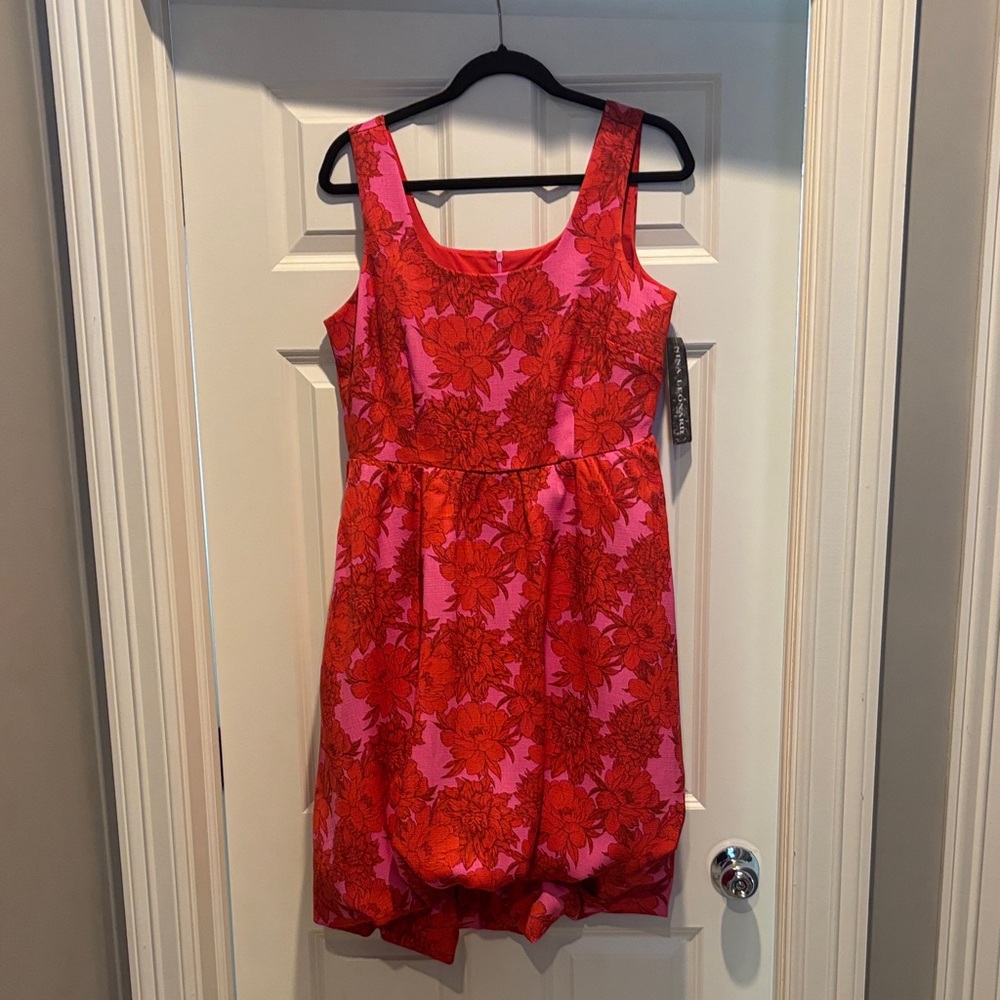 Nina Leonard Pink and Red Floral Midi Dress